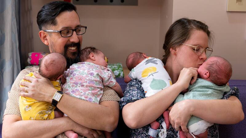Rachel and Marco Vargas returned home to Cranston, Rhode Island, with four little bundles of joy.