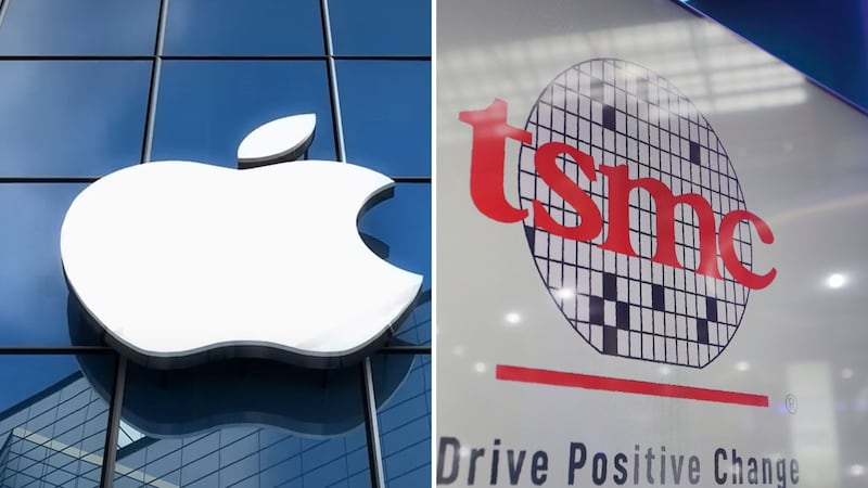 Left side- Apple logo hanging outside a building. Left side- TSMC logo hanging inside a building