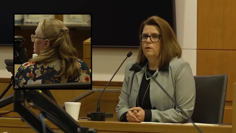 Kimberly LaCount, left, looks on as Dr. Lesley Wallis Butler, right, testified in court.