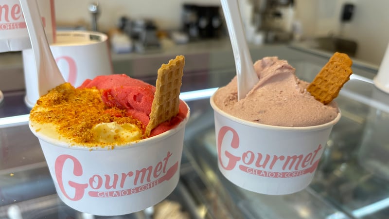 Gelato cups come in three sizes and are served with a piece of waffle cone. Left cup has two...