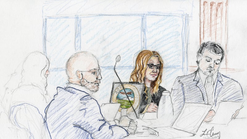 This courtroom sketch, from left, depicts Madison County prosecutor Rob Wood, Lori Vallow...