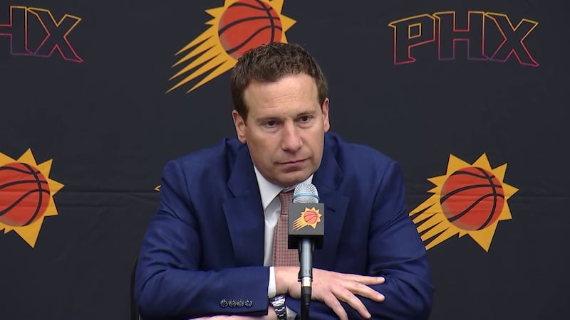 Phoenix Suns owner Mat Ishbia speaks at a news conference discussing the team's disappointing...